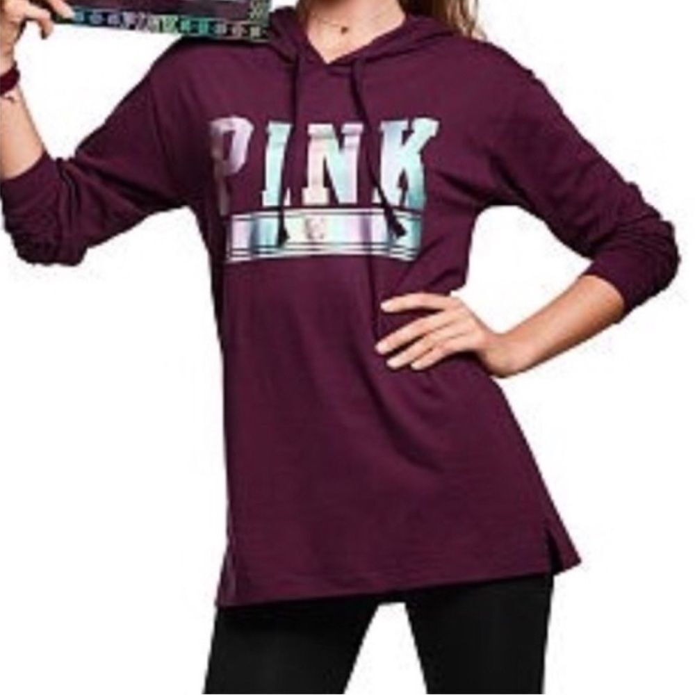 Victoria’s Secret PINK Campus Hoodie Long Sleeve Foil Logo Tee Shirt Long Sleeve